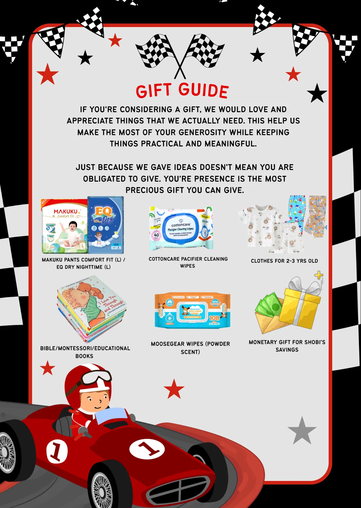 Shobi's gift guide with suggested practical gifts, books, clothes, wipes and savings