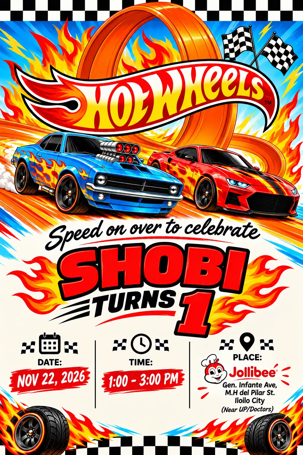 Shobi Turns 1 birthday invitation poster with race cars, date, time and venue